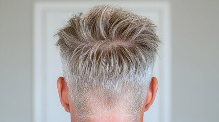Man's bleached blonde hairstyle, back view, home interior