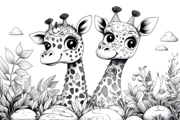 Fototapeta premium Playful giraffes in a whimsical jungle scene black and white illustration creative art