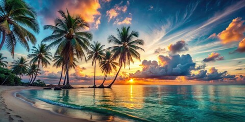 Stunning sunset views, panoramic beach, tropical island paradise, exotic photo.