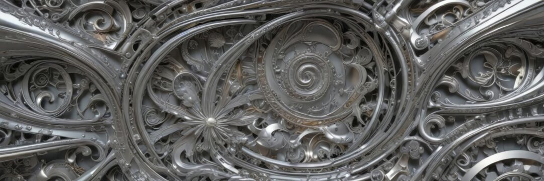 Abstract metallic background with intricate silver patterns and swirling shapes, swirling, shapes, patterns