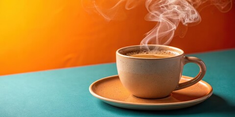 A steaming cup of coffee sits on a saucer against a vibrant orange and teal background