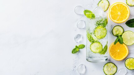 Cucumber mint lemonade, summer drink, white background