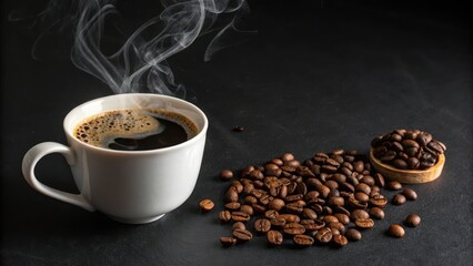 Aromatic coffee cup with steam rising and roasted coffee beans scattered nearby on a dark surface.