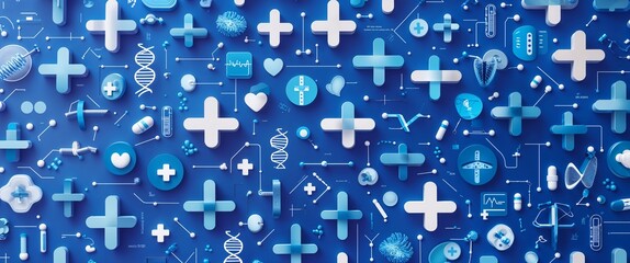 A vibrant blue background filled with a intricate pattern of interconnected mathematical plus symbols, blending seamlessly with medical design elements, conveying a sense of healthcare technology and 