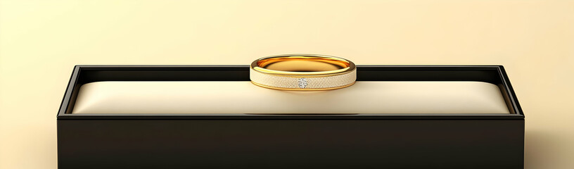 Gold ring, white inlay, box, beige background