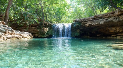 Naklejka premium Tranquil waterfall cascading into crystal-clear pool, lush forest background. Possible use Nature, travel