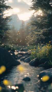 sunset on the water river flowing in forest scene fireflies sunlight sun green blue gold mobile wallpaper vertical format background nature landscape backdrop social media post book cover design