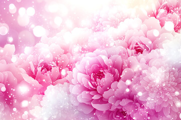 A pink flowery background with a bunch of pink flowers in the foreground. The flowers are in various sizes and are scattered throughout the image. Scene is soft and delicate