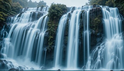 Cascading waterfalls serene forest nature photography misty landscape wide angle tranquility