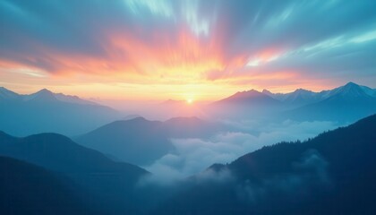 Majestic mountain sunset panorama, with clouds and peaks.  Possible use Nature wallpaper