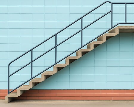 Concrete steps with railing against light blue wall