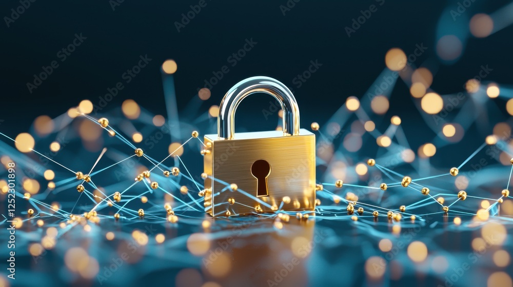 Poster digital padlock on network interface with connecting nodes and lights