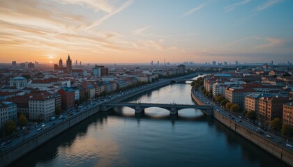 Sunset view of urban landscape riverfront city aerial photography evening light gigapixel cgi