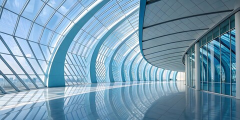 Fototapeta premium Futuristic blue glass corridor in a modern building