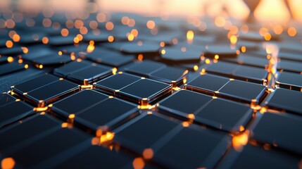 Obraz premium Close Up of Solar Panel Array with Wind Turbine in Background