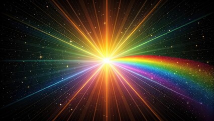 Obraz premium Celestial Burst A radiant star with prismatic beams and a glittering rainbow arc in a cosmic expanse