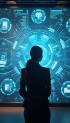 standing screen woman front big business back hologram technological view business woman backview standing technically hologram screen display office corporate executive professional modern