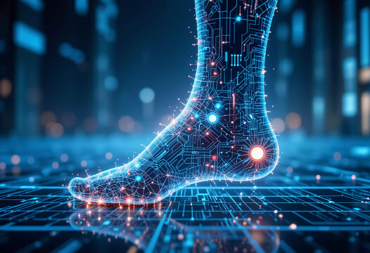 Digital Foot: A futuristic depiction of technology integrated into the human body, showcasing advanced prosthetics or cybernetics.