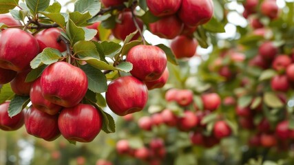 Obraz premium Abundant red apples dangling from a tree branch ready for picking, harvest season, delicious