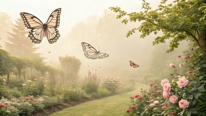Serene Morning Mist in a Floral Garden with Graceful Butterflies in Flight