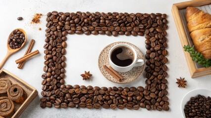 Aromatic Coffee Bean Frame Encircling a Cup of Dark Coffee with Cinnamon Sticks and Star Anise