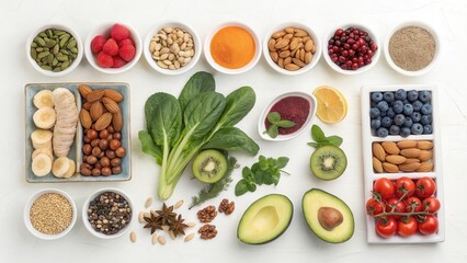 Naklejka premium A vibrant assortment of nutritious foods, including various fruits, vegetables, nuts, and seeds, arranged for a healthy and balanced diet.