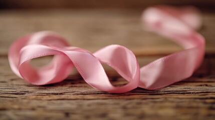 Delicate Pink Satin Ribbon Curled on Rustic Brown Wooden Surface Background