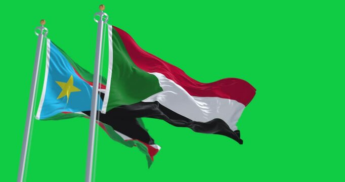 Sudan and South Sudan national flags waving isolated on green background