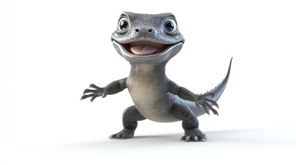 Obraz premium Happy cartoon lizard posing, white background, children's book illustration