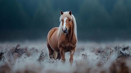 Obraz premium Majestic Haflinger horse in frosty field, winter landscape, nature photography