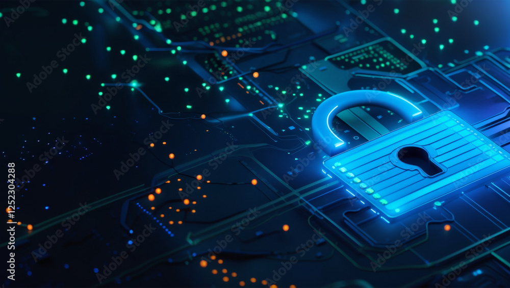 Poster digital security: glowing padlock protecting data on a circuit board