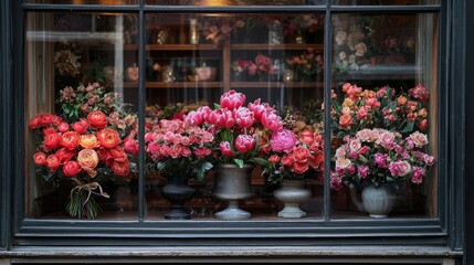 Fototapeta premium beautifully arranged display of luxurious bouquets catches eye in flower shop's window. Rich colors and elegant wrapping enhance inviting setting and cozy ambiance.