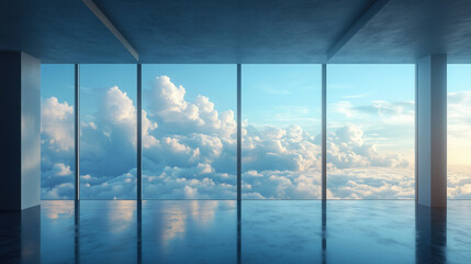 Blank room with large windows overlooking clouds and sky for corporate websites, motivational blogs and architectural design portfolios.