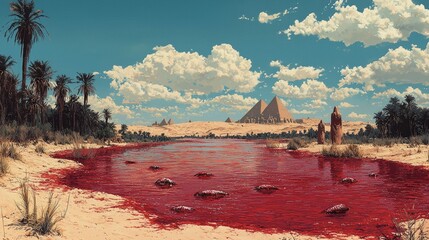 Nile runs crimson in dramatic portrayal of biblical plague shocking priests and fishermen as Pharaoh watches defiantly from distance amidst terrified citizens.