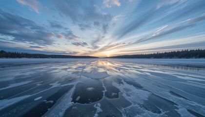 Winter sunset over frozen lake nature scene serene atmosphere wide angle tranquility