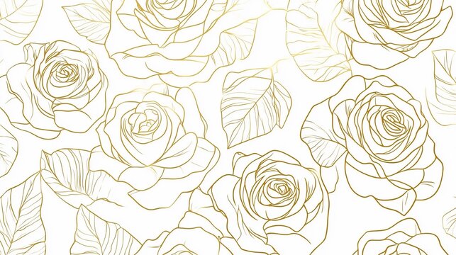 Abstract seamless pattern featuring rose flower outlines with golden lines on a white background, designed for wedding invitations, packaging, or elegant wallpaper. Vector illustration.  
