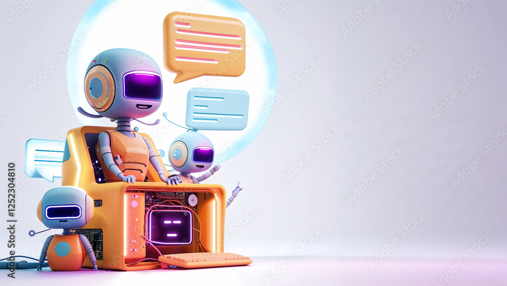 Poster adorable robot family communicating with speech bubbles in a tech environment