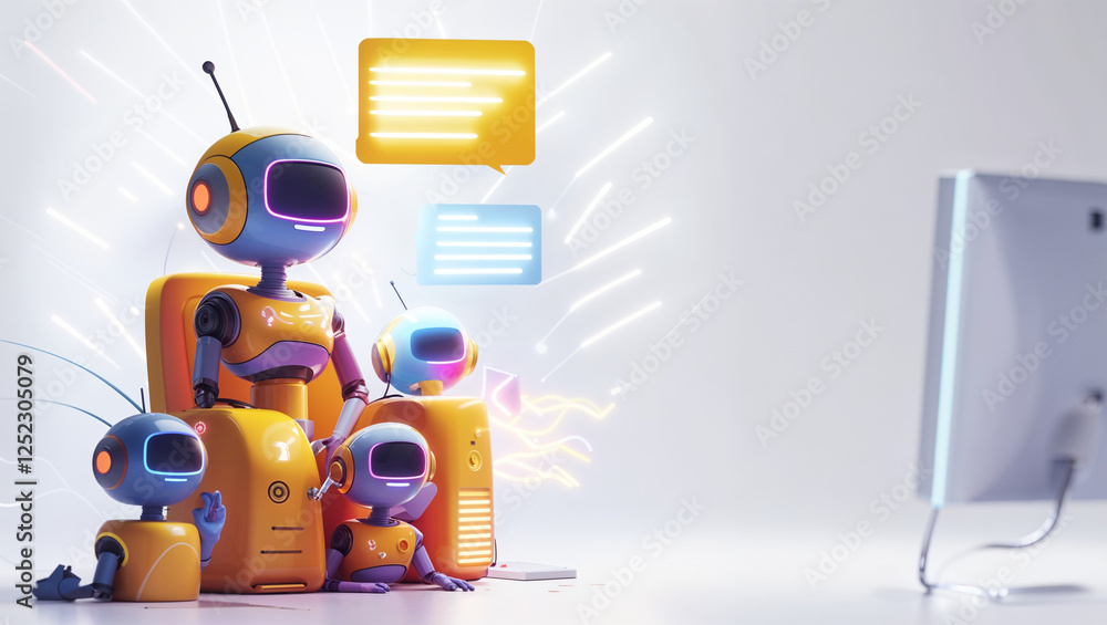 Poster friendly ai robots communicating with speech bubbles and a monitor screen