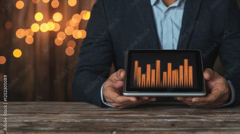 Poster a person in a suit holds a tablet displaying an orange bar graph, set against a backdrop of soft glo