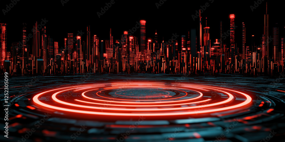 Poster a futuristic landscape with glowing red circular patterns and tall, illuminated structures against a