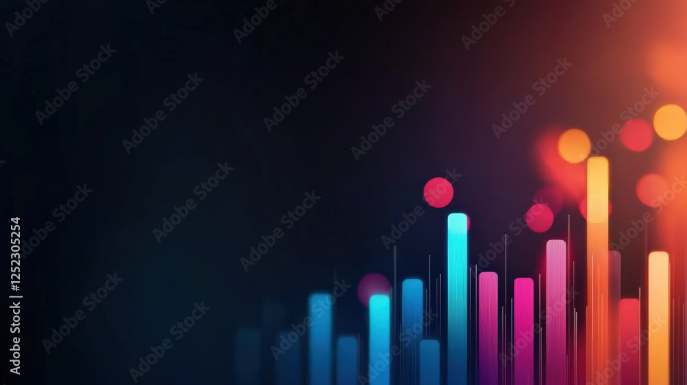 Poster a vibrant digital visualization of sound waves, featuring colorful bars against a dark background, r