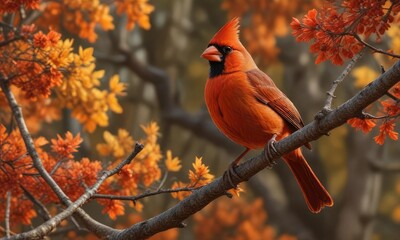 Against a sea of golden orange and crimson hues, a single red cardinal's bold presence is a striking sight , autumn, cardinal, fall