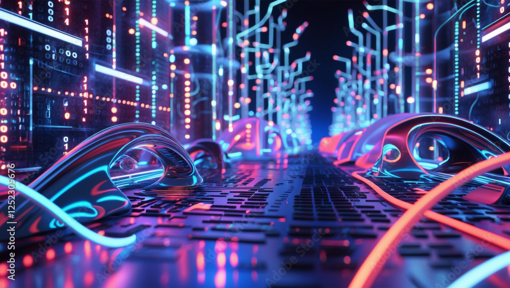 Poster abstract futuristic technology background with glowing neon lines and data flow