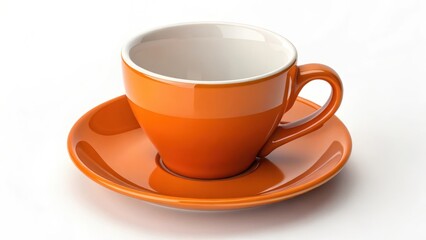 Fototapeta premium A vibrant orange coffee cup and saucer, empty and ready for a warm beverage, sits on a pristine white background.