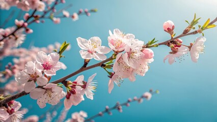 Delicate Pink Blossoms Flourishing on a Branch Against a Vivid Blue Sky