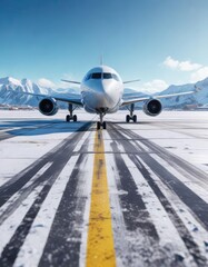 Naklejka premium Aircraft on runway at airport in the middle of winter with fresh snowfall and clear blue sky, ice, airport