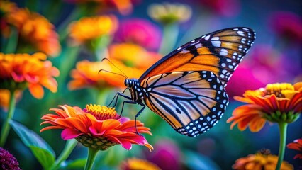 Obraz premium Summer garden flowers bloom beautifully, showcasing a monarch butterfly in stunning low-light photography.