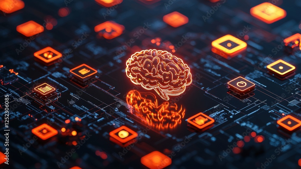 Poster cybersecurity and artificial intelligence icons with brain graphic
