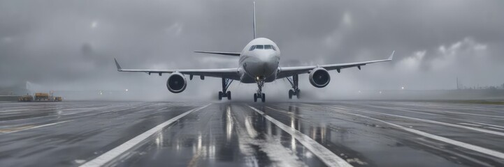 Naklejka premium Airliner taking off from a wet runway with fog in the background, airliner, flight