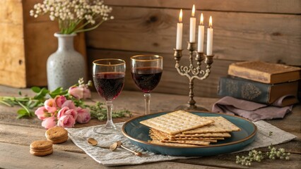 A Seder Plate with Matzah, Wine, and Candles for a Festive Meal